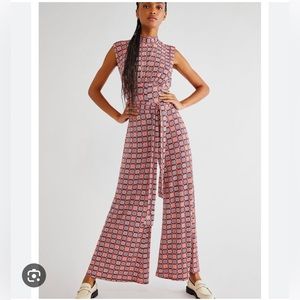 NWT Free People Vibe Check One Piece Jumpsuit in Maroon, Orange, & Pink